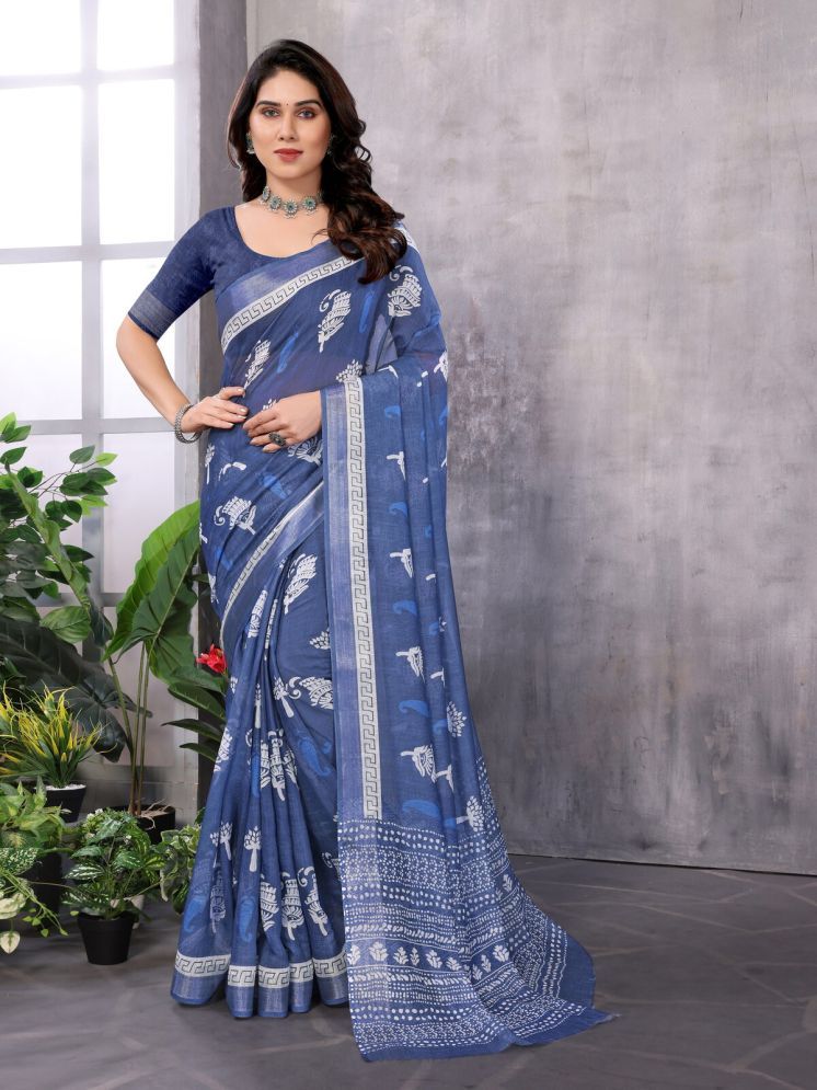     			NightBlue Pack of 1 Linen Printed Saree With Blouse Piece ( Blue )