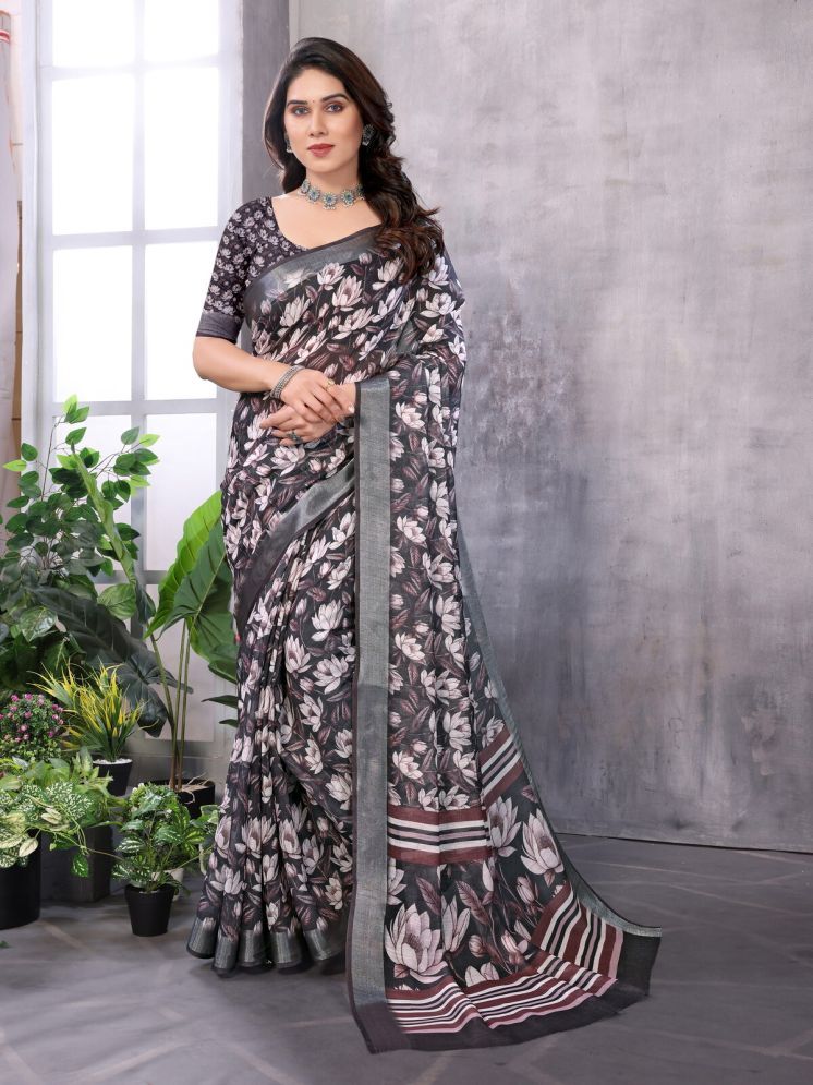     			NightBlue Pack of 1 Linen Printed Saree With Blouse Piece ( Black )