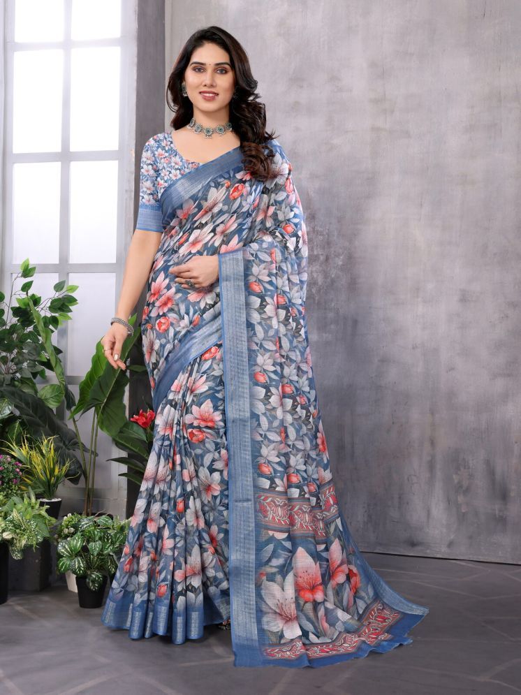     			NightBlue Pack of 1 Linen Printed Saree With Blouse Piece ( Blue )