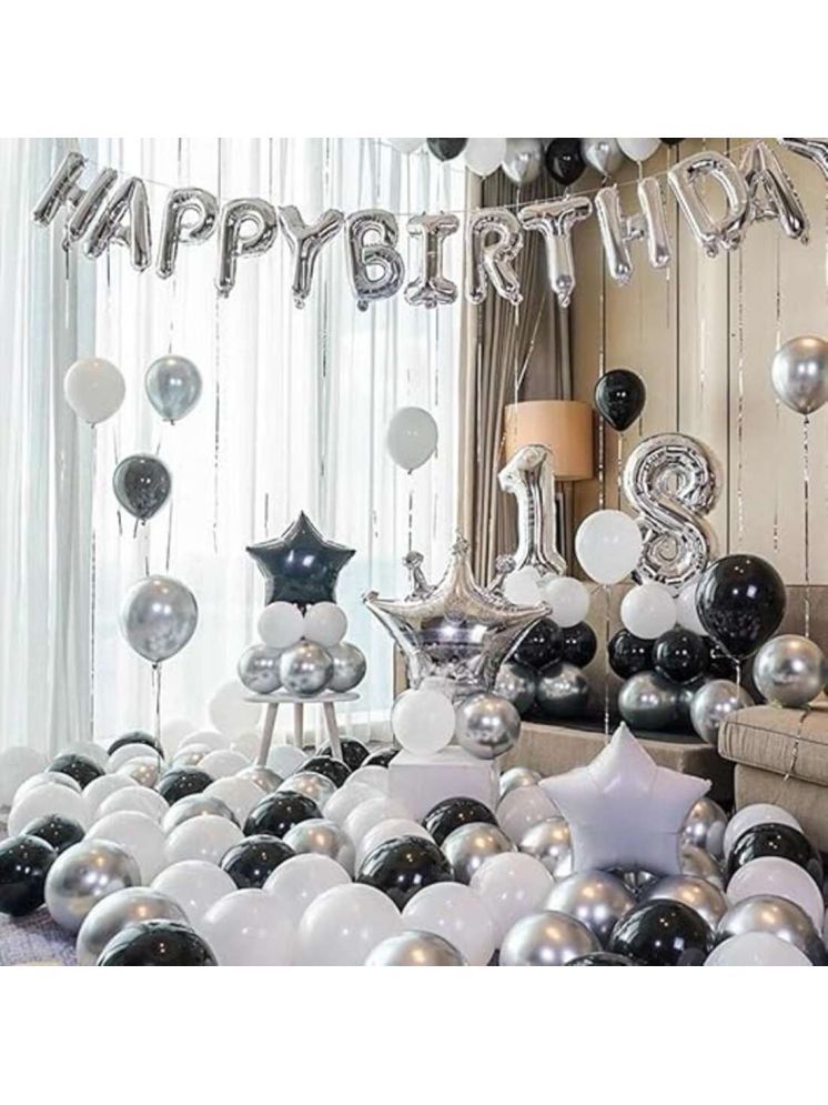     			PartyBooms Happy Birthday Silver Foil Decoration Item, 18 Number Silver Foil Decoration, 1 Crown Silver Foil Balloon & 1 Black Star Foil, 30 Silver, White, Black (Each) Balloon (Pack Of 95)