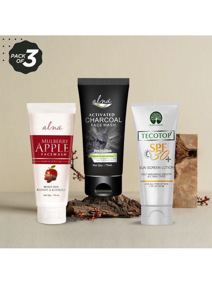     			Alna Mulberry Apple Face Wash with Charcoal Face Wash 75ml Each & Tecotop Spf 30+ 100ml , Pack of 3