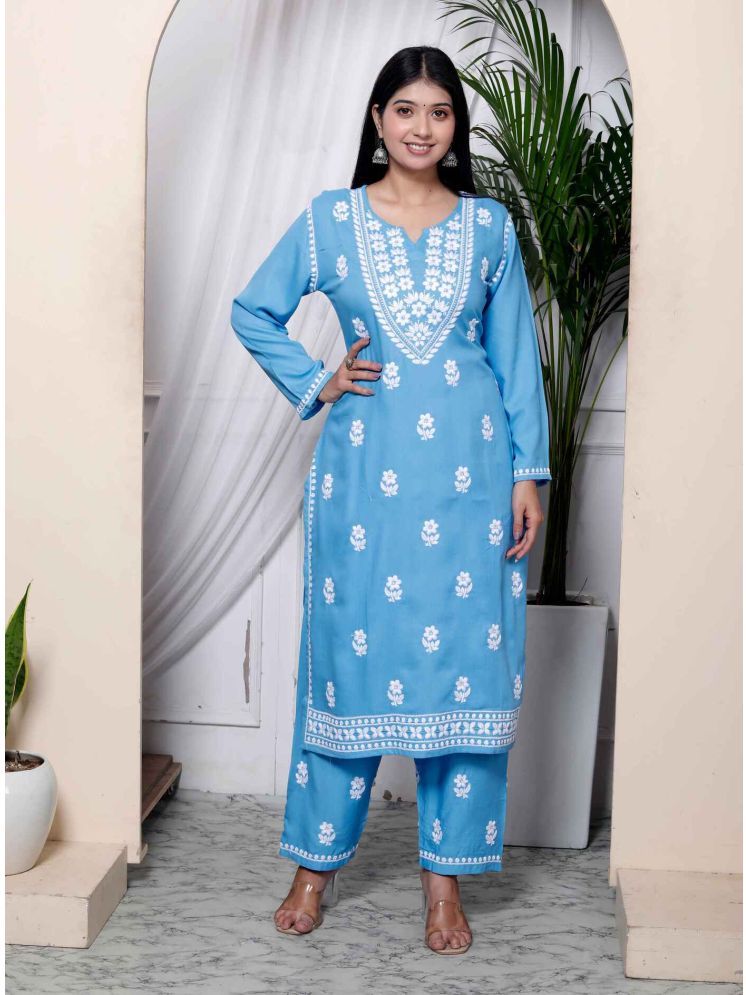     			Doriyaan Cotton Embroidered Kurti With Palazzo Women's Stitched Salwar Suit - Light Blue ( Pack of 1 )