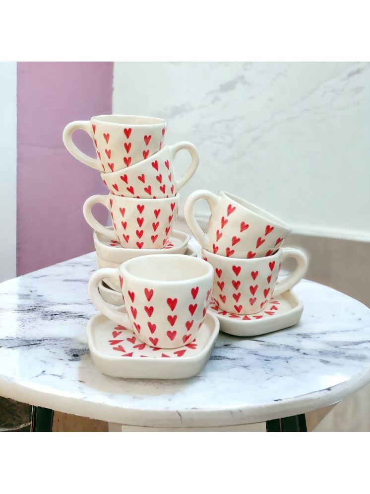     			Malaikah Red Heart Cup & Saucer Abstract Ceramic Tea Set 200 ml ( Pack of 6 )