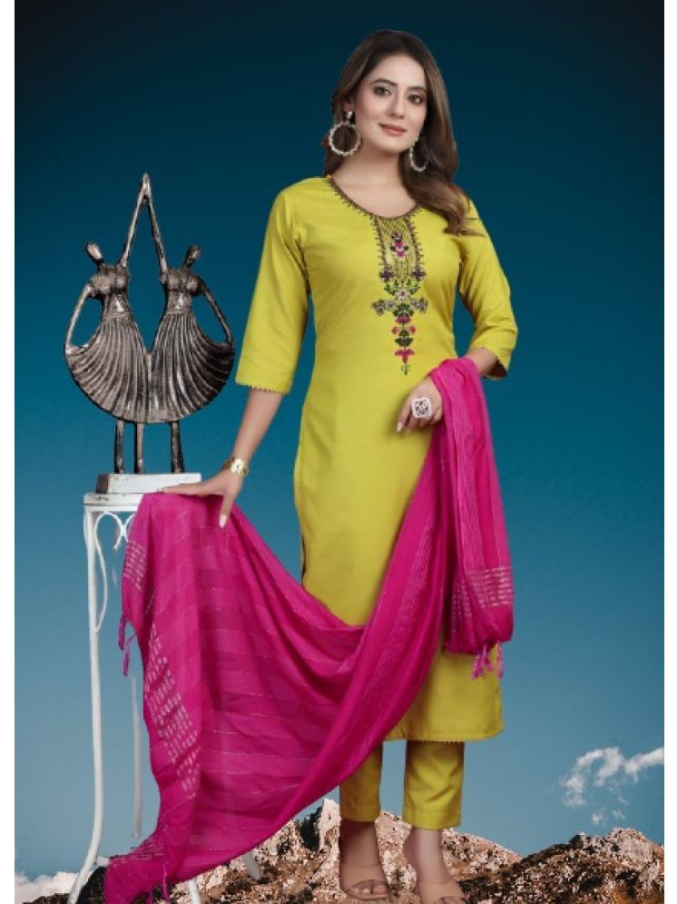     			RUTSH CREATION Cotton Embroidered Kurti With Pants Women's Stitched Salwar Suit - Lime Green ( Pack of 1 )