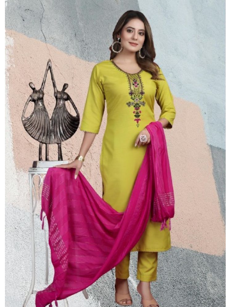     			RUTSH CREATION Cotton Embroidered Kurti With Pants Women's Stitched Salwar Suit - Lime Green ( Pack of 1 )