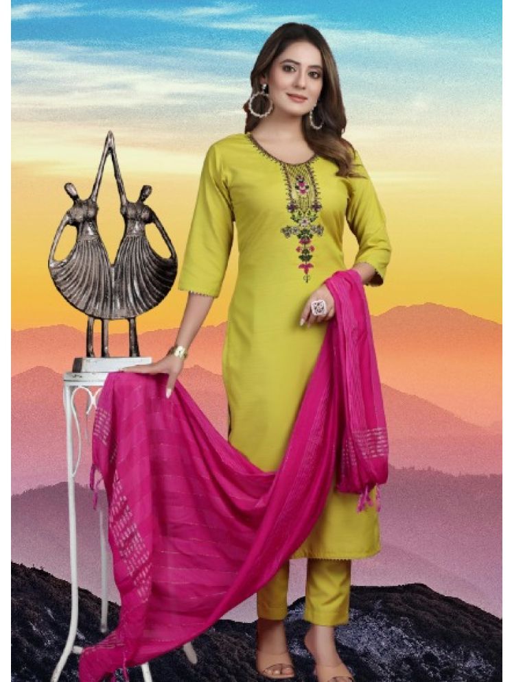     			RUTSH CREATION Cotton Self Design Kurti With Pants Women's Stitched Salwar Suit - Lime Green ( Pack of 1 )