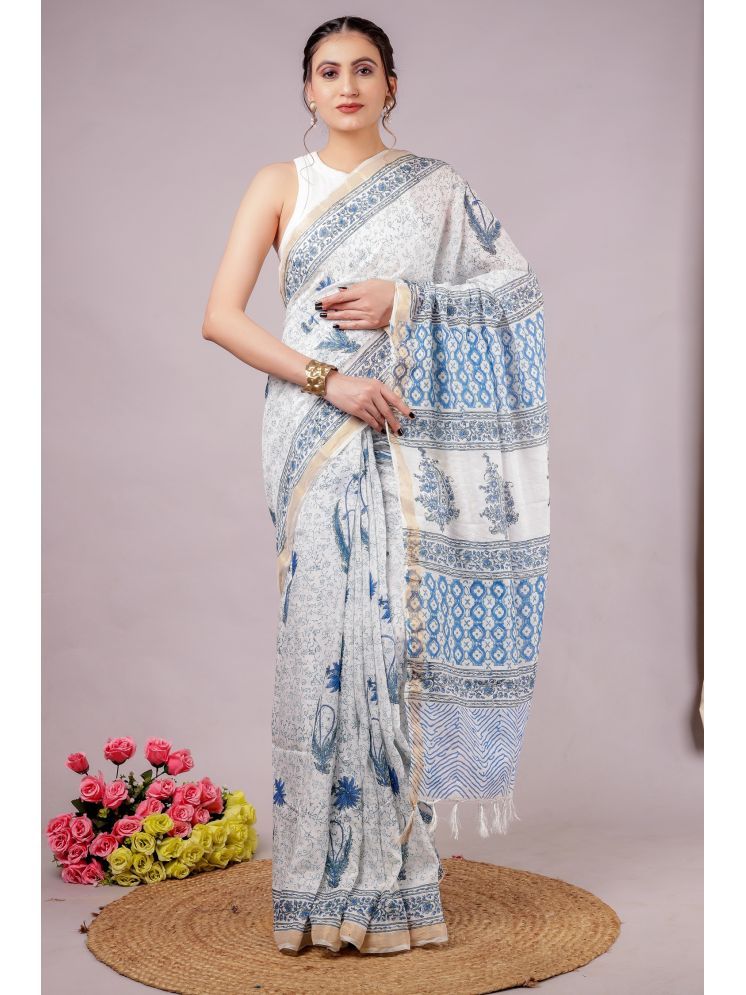     			NOITAERCPR Pack of 1 Cotton Printed Saree With Blouse Piece ( SkyBlue )