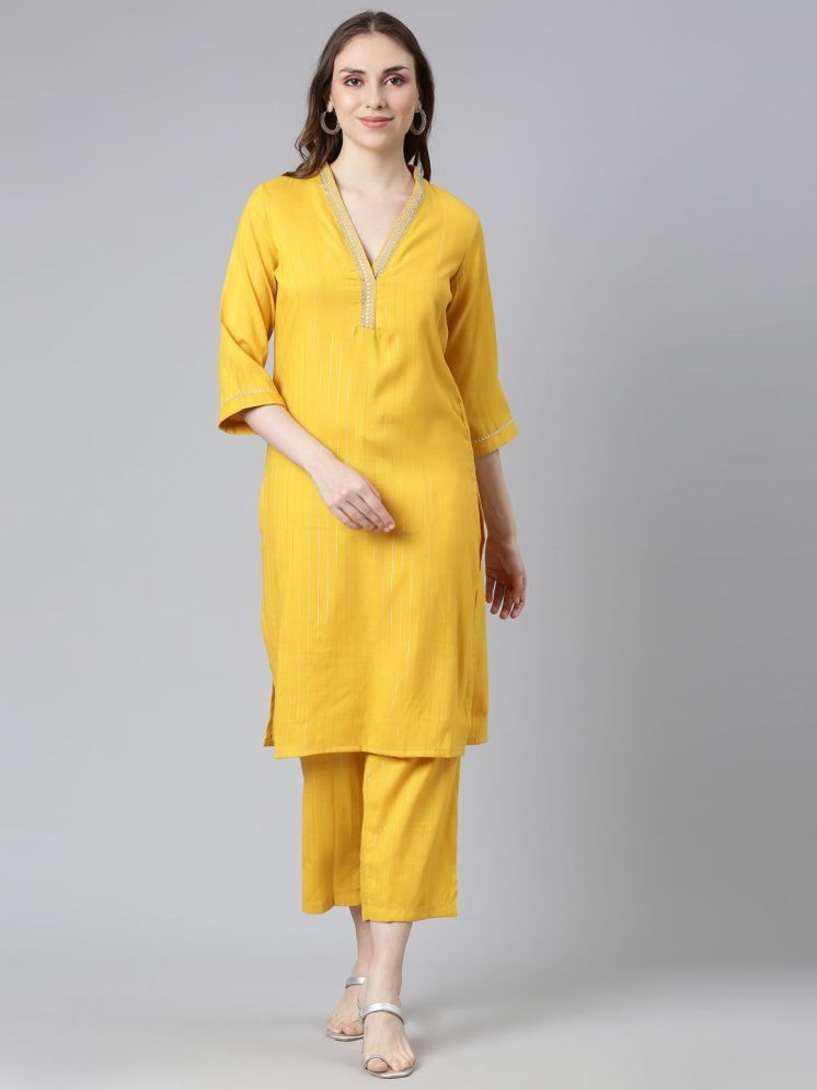     			Samhitas Rayon Striped Kurti With Pants Women's Stitched Salwar Suit - Yellow ( Pack of 2 )