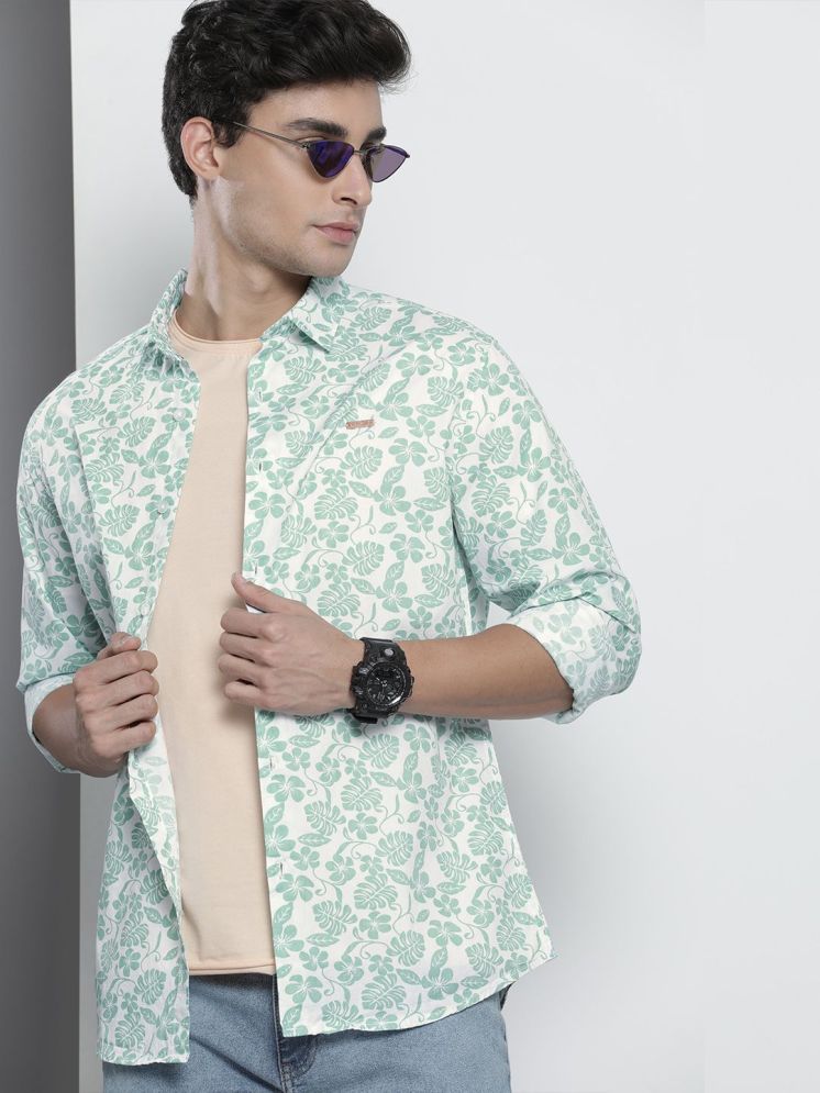     			The Indian Garage Co Men Off White & Mint Green Slim Fit Tropical Printed Cotton Shirt