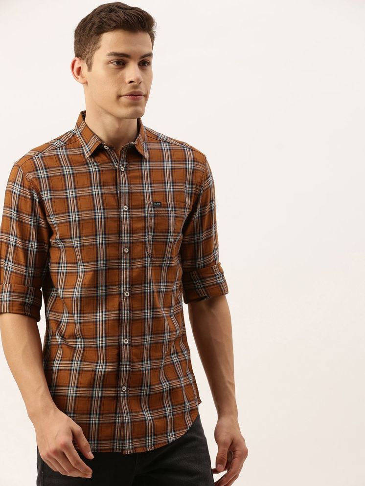     			The Indian Garage Co Men Rust Orange & White Slim Fit Checked Casual Shirt