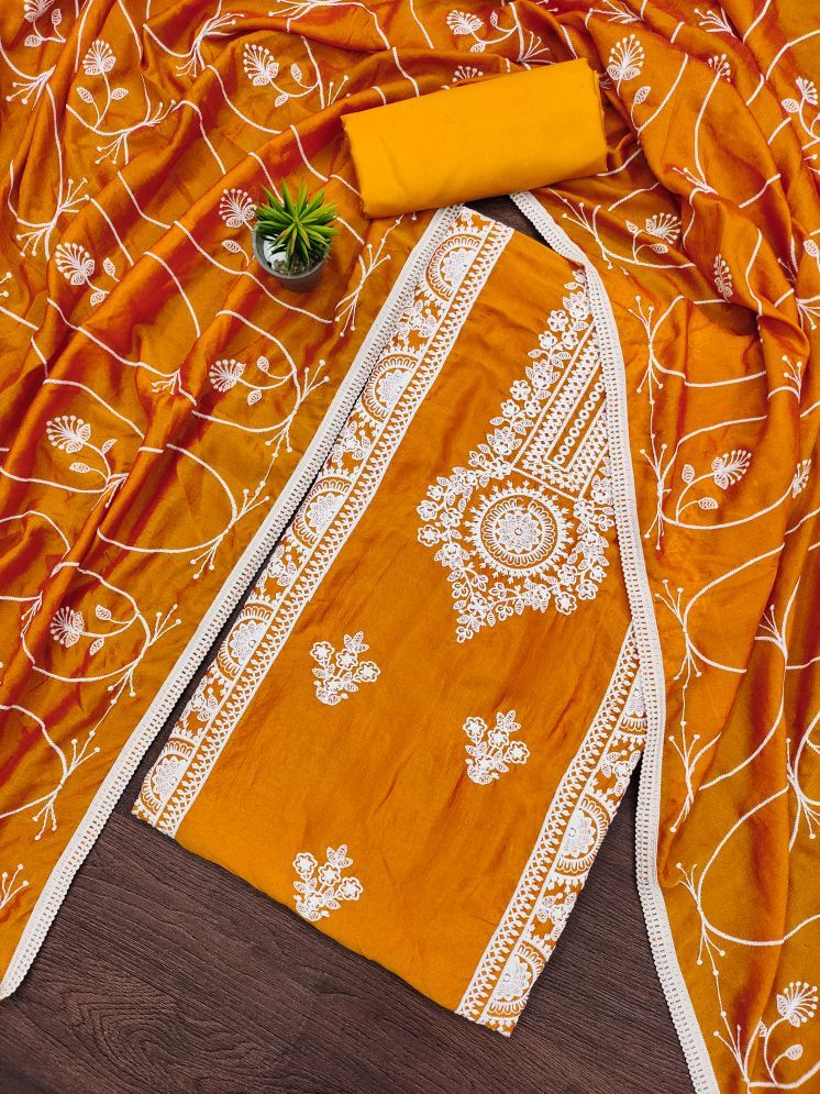     			Aika Unstitched Silk Embroidered Dress Material - Orange ( Pack of 1 )