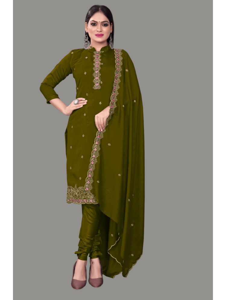     			Apnisha Unstitched Silk Embroidered Dress Material - Olive ( Pack of 1 )