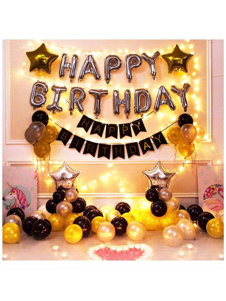     			Happy Birthday Black Banner, 2 Rosegold Curtains 2 Black Star Foil Balloons, 2 RoseGold Star Foil Balloons 30 pcs Rosegold & 5 Confetti Balloons (Pack of 52)