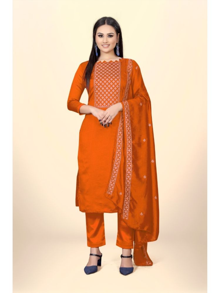     			Lady Shopi Unstitched Silk Embellished Dress Material - Orange ( Pack of 1 )