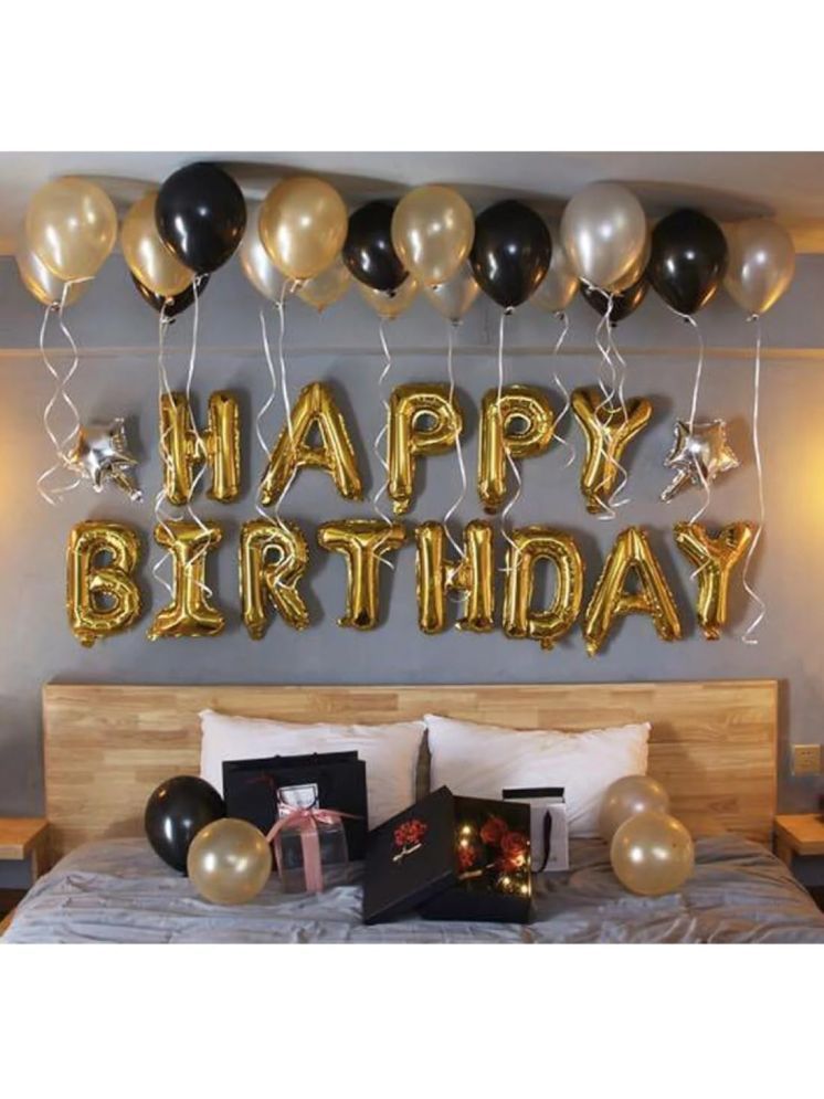     			PartyBooms Happy Birthday Gold Foil Banner, 2 Silver Star Foil Balloons, 10 pcs Each Gold, Black, SIlver Metalic Balloons (Pack of 33)