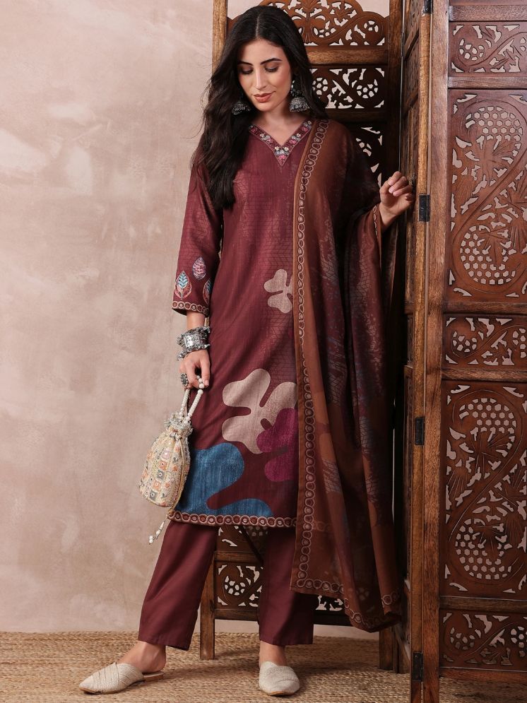     			Vaamsi Silk Blend Printed Kurti With Pants Women's Stitched Salwar Suit - Brown ( Pack of 1 )