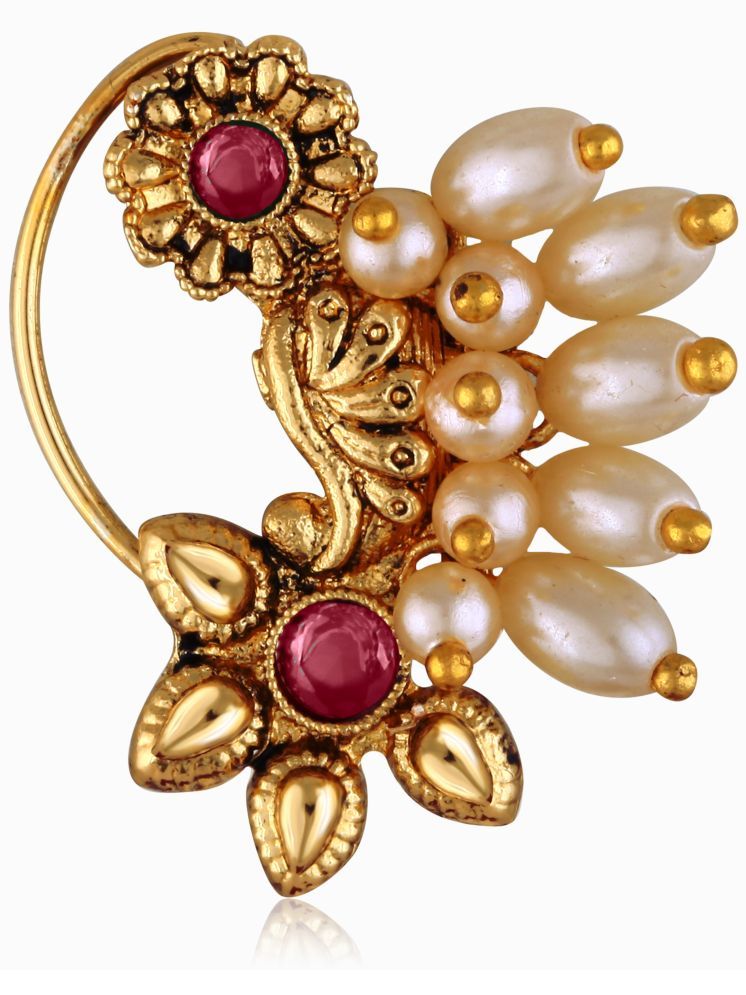     			Vivastri's Premium CZ Stone Contaning Gold Plated Alloy Red Coloured RICE Pearl Collection Nath -VIVA1295NTH-PRESS-RED