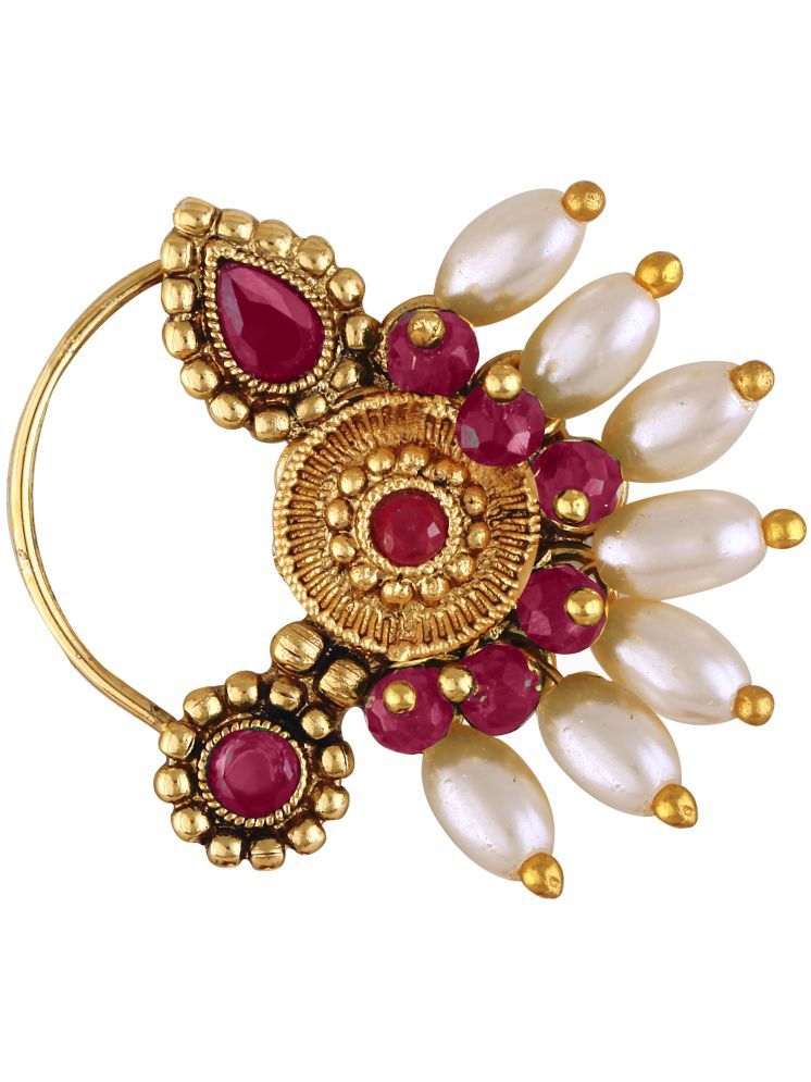     			Vivastri's Premium Semicircle Shaped Gold Plated Alloy Made Red Coloured With RICE Pearl Beaded Nath -VIVA1294NTH-PRESS-RED