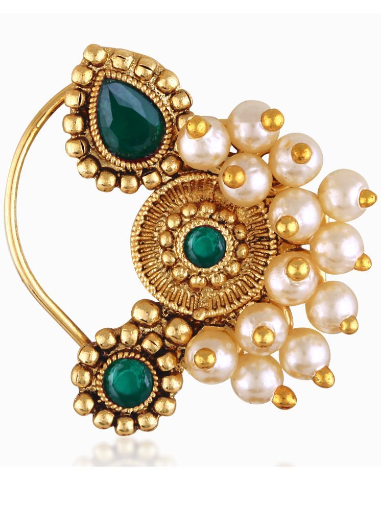     			Vivastri's Premium Semicircled Shaped Green Coloured White Pearl Beaded Nath For Womens & Gilrs-VIVA1298NTH-PRESS-GREEN