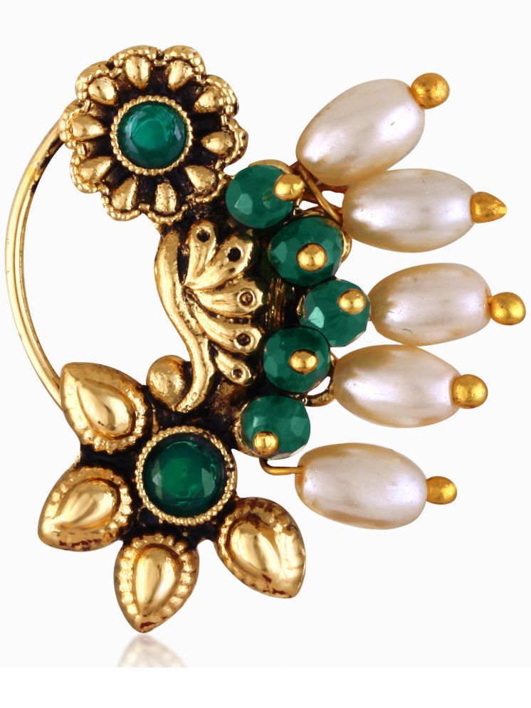     			Vivastri's Premium & Unique "Coloured Pearl" Green Coloured Rice Pearl Beaded gold Nath Collection-VIVA1297NTH-PRESS-GREEN