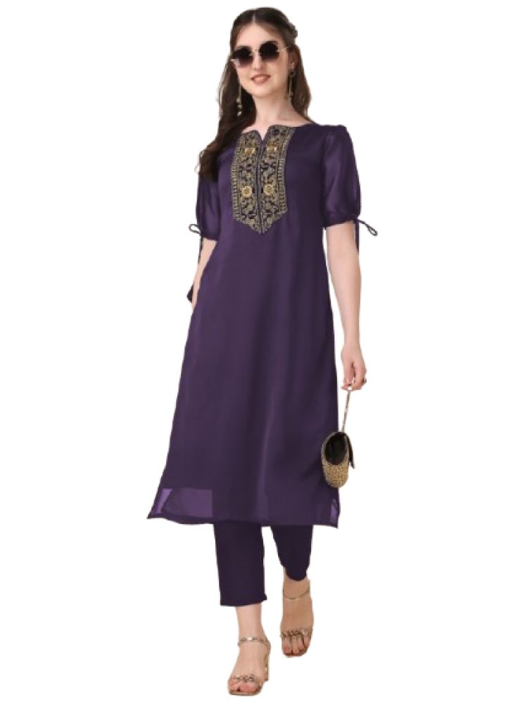     			GOROLY Pack of 1 Silk Blend Embroidered Flared Women's Kurti - ( Lavender )