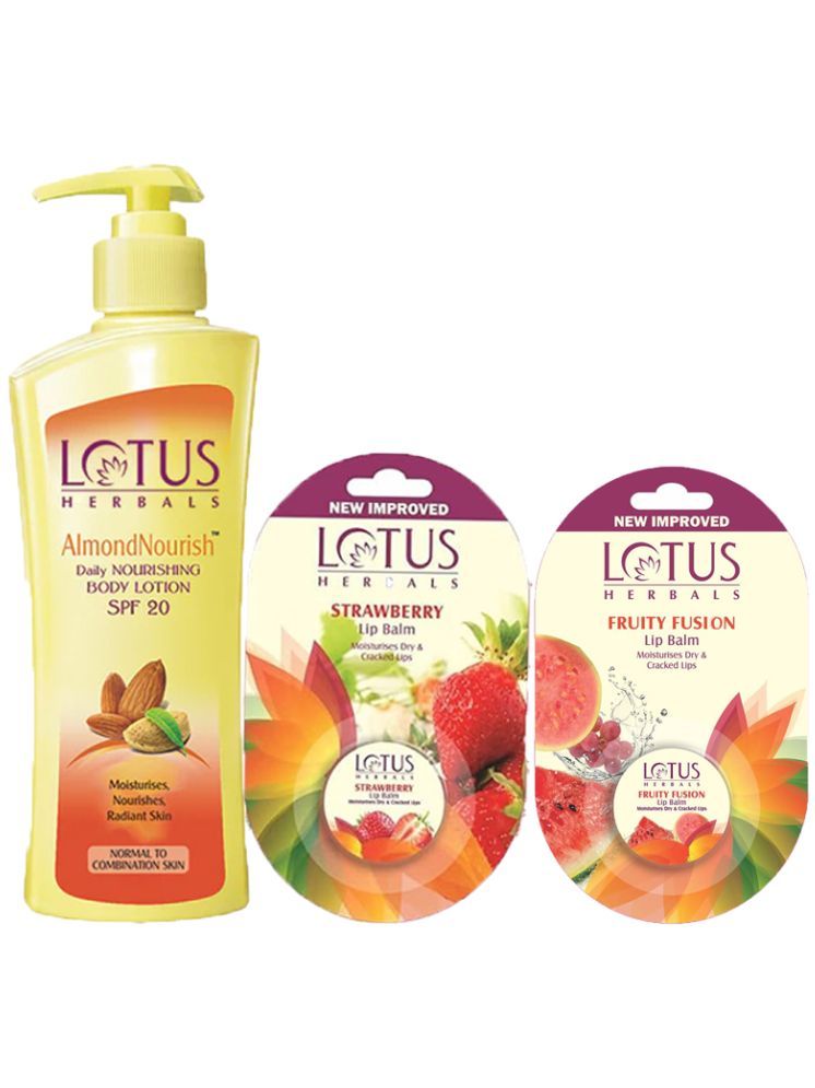     			Lotus Herbals Winter Kit Almondnourish Body Lotion 250ml , Lip BalmStrawberry 5g ,Fruity Fusion 5g (Pack of 3)