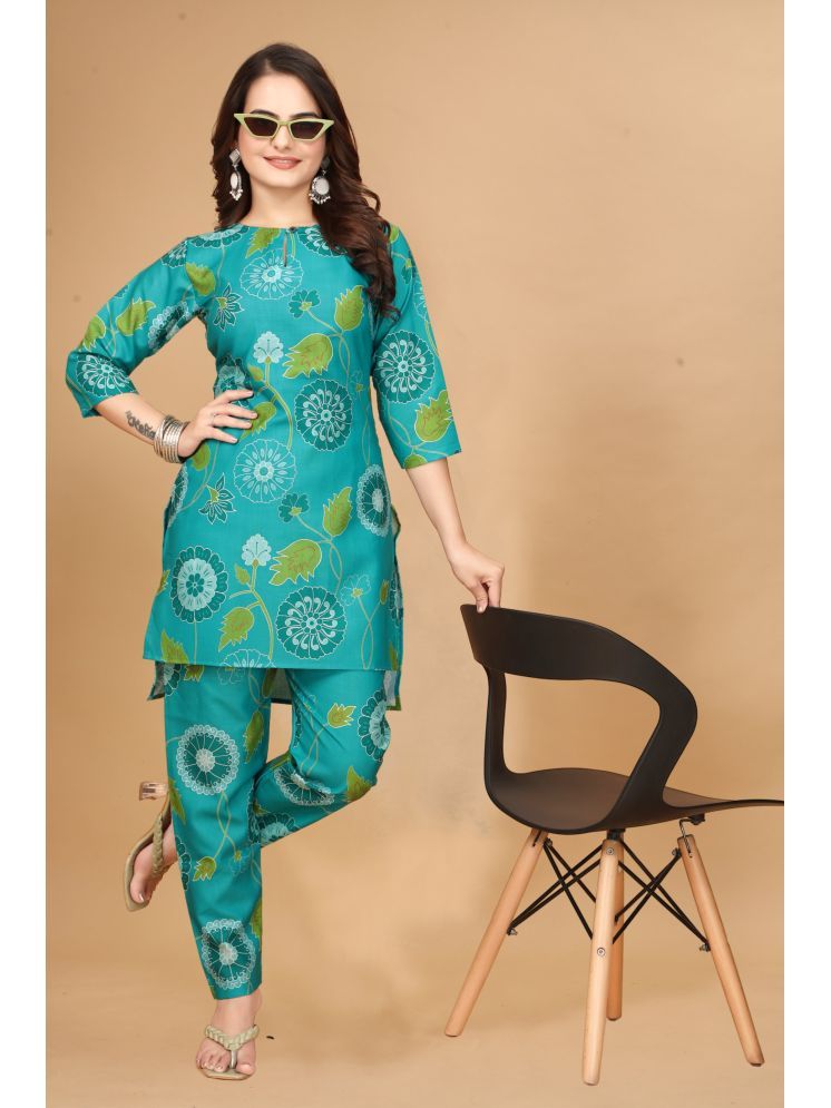     			Nirja Fab Cotton Blend Printed Kurti With Pants Women's Stitched Salwar Suit - Teal ( Pack of 1 )