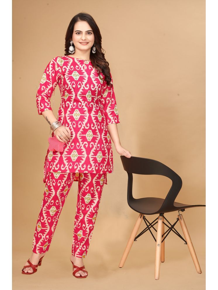     			Nirja Fab Cotton Blend Printed Kurti With Pants Women's Stitched Salwar Suit - Peach ( Pack of 1 )