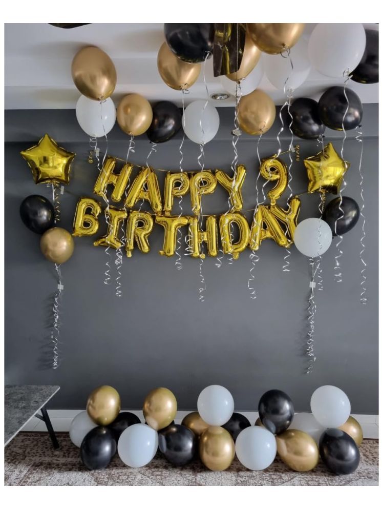     			PartyBooms Happy Birthday Gold Foil Banner, 9 Gold Number Foil 2 Gold Star Foil Balloon, 10 pcs Gold, White, Black Metalic Balloons (Pack of 34)