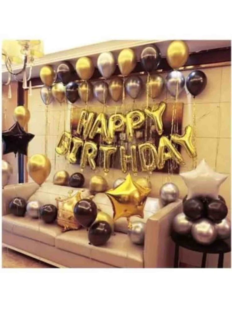     			PartyBooms Happy Birthday Gold Foil Banner, 1 Crown Foil Balloon, 3 Black,Gold,Silver Stars Foil Balloon, 30 Gold, Black & Silver Metalic Balloons (Pack of 35)