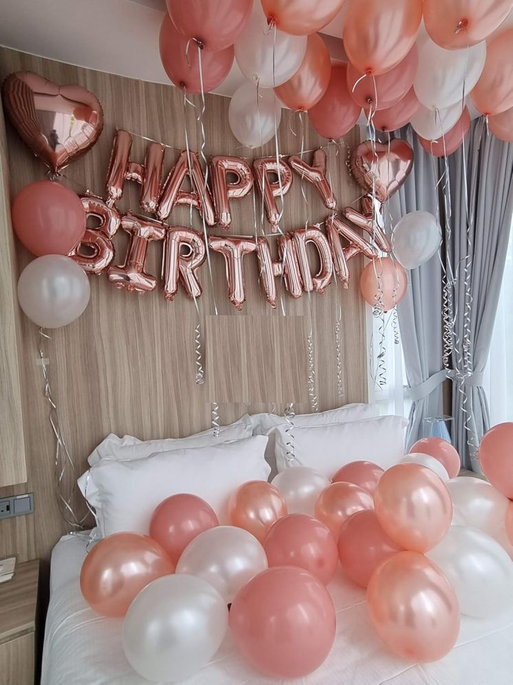     			PartyBooms Happy Birthday RoseGold Foil Banner, 2 RoseGold Heart Foil Balloon, 40 pcs RoseGold & White Metalic Balloons (Pack of 43)