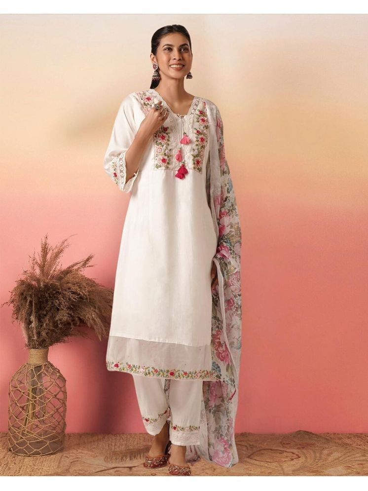     			Vividvibe Silk Embroidered Kurti With Pants Women's Stitched Salwar Suit - White ( Pack of 1 )