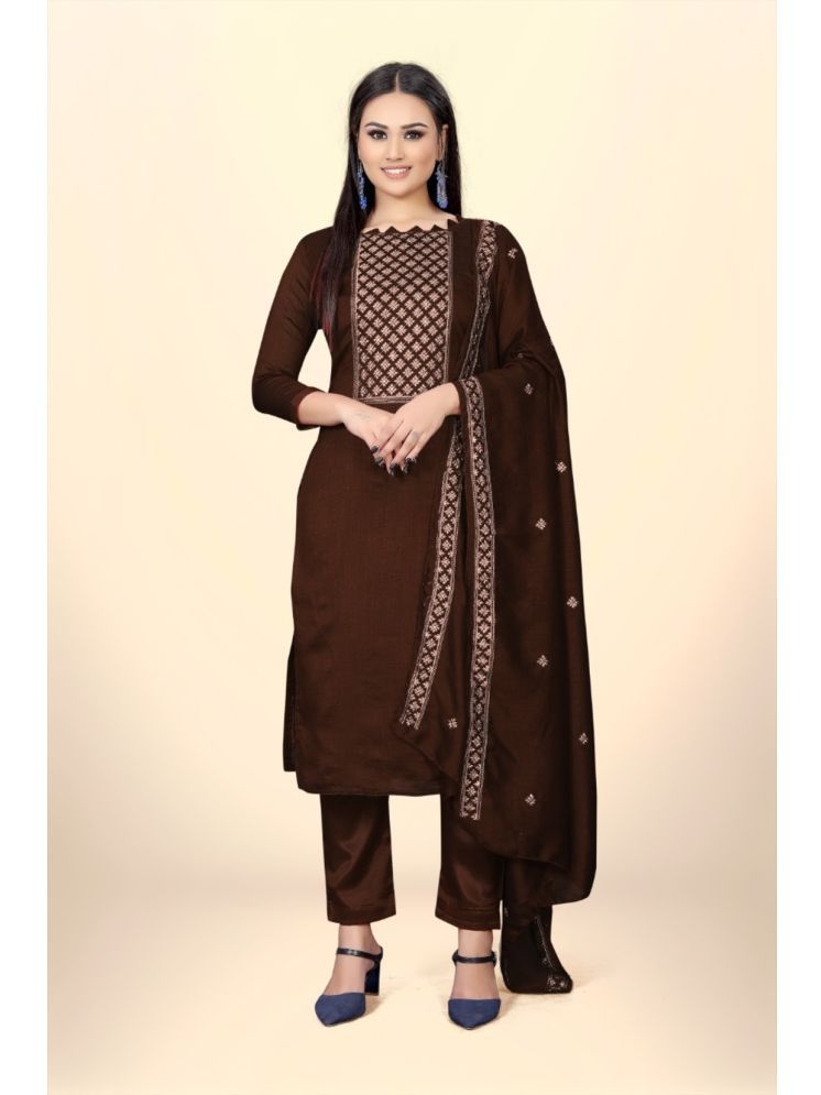     			A TO Z CART Unstitched Silk Embroidered Dress Material - Brown ( Pack of 1 )