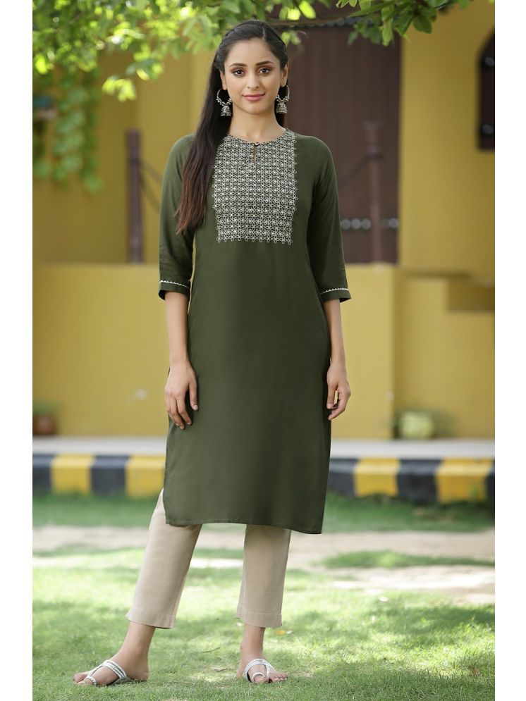     			Kurta Pack of 1 Rayon Embroidered Straight Women's Kurti - ( Green )