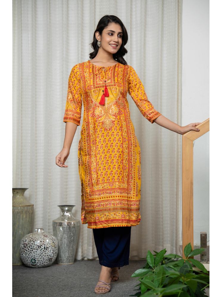     			Kurta Pack of 1 Silk Printed Straight Women's Kurti - ( Mustard )