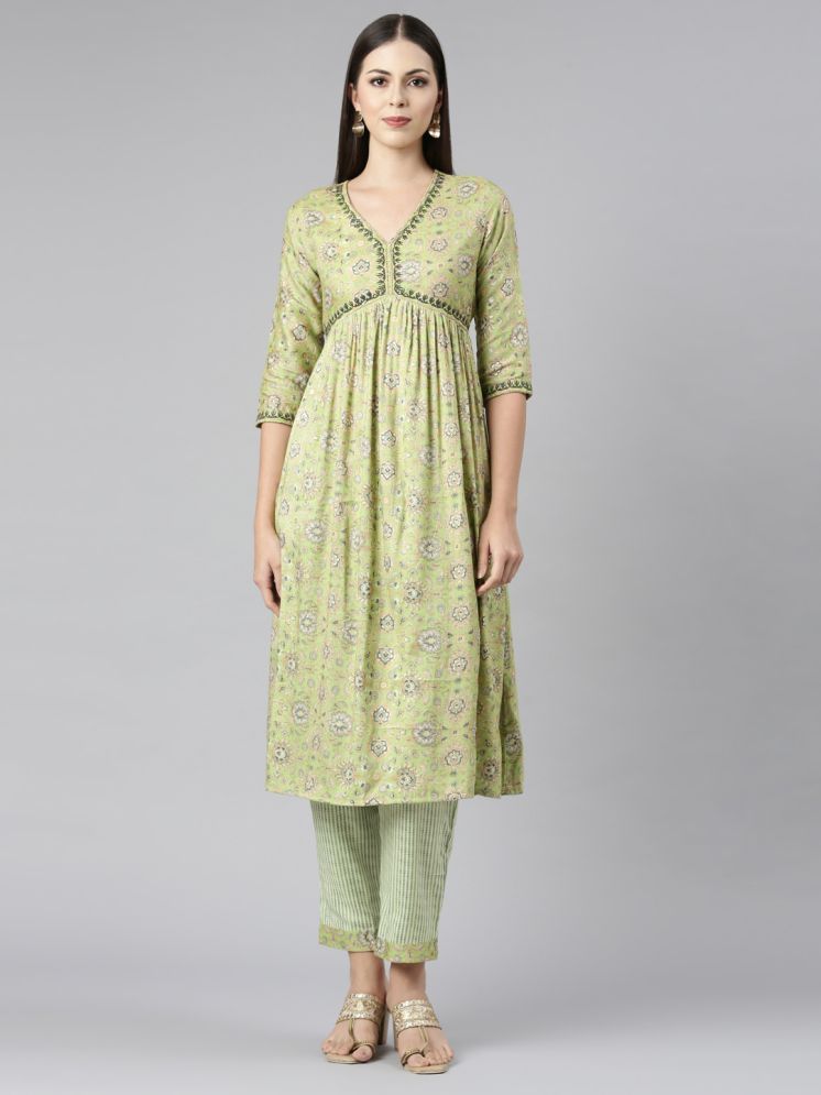     			Samhitas Viscose Printed Kurti With Pants Women's Stitched Salwar Suit - Green ( Pack of 1 )