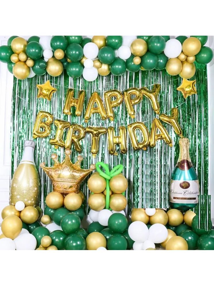     			PartyBooms Happy Birthday Gold Foil Decoration Item & 2 Green Curtains, 2 Gold Stars Foil , 2 Champang Foil, 1 Gold Crown, 50 Green, 30 Gold, 30 White Metalic Balloon Pack Of 118