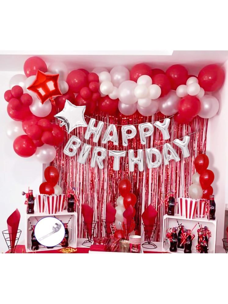     			PartyBooms Happy Birthday Silver Foil Banner, 2 Red Curtains, 1 Silver Star Foil Balloon, 1 Red Star Foil Balloon, 50 Red, White, Pink Metalic Balloons (Pack of 55)