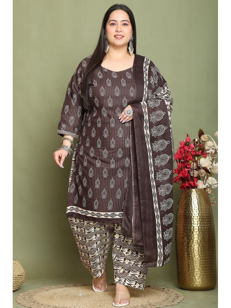     			Rajnandini Cotton Blend Printed Kurti With Palazzo Women's Stitched Salwar Suit - Brown ( Pack of 1 )