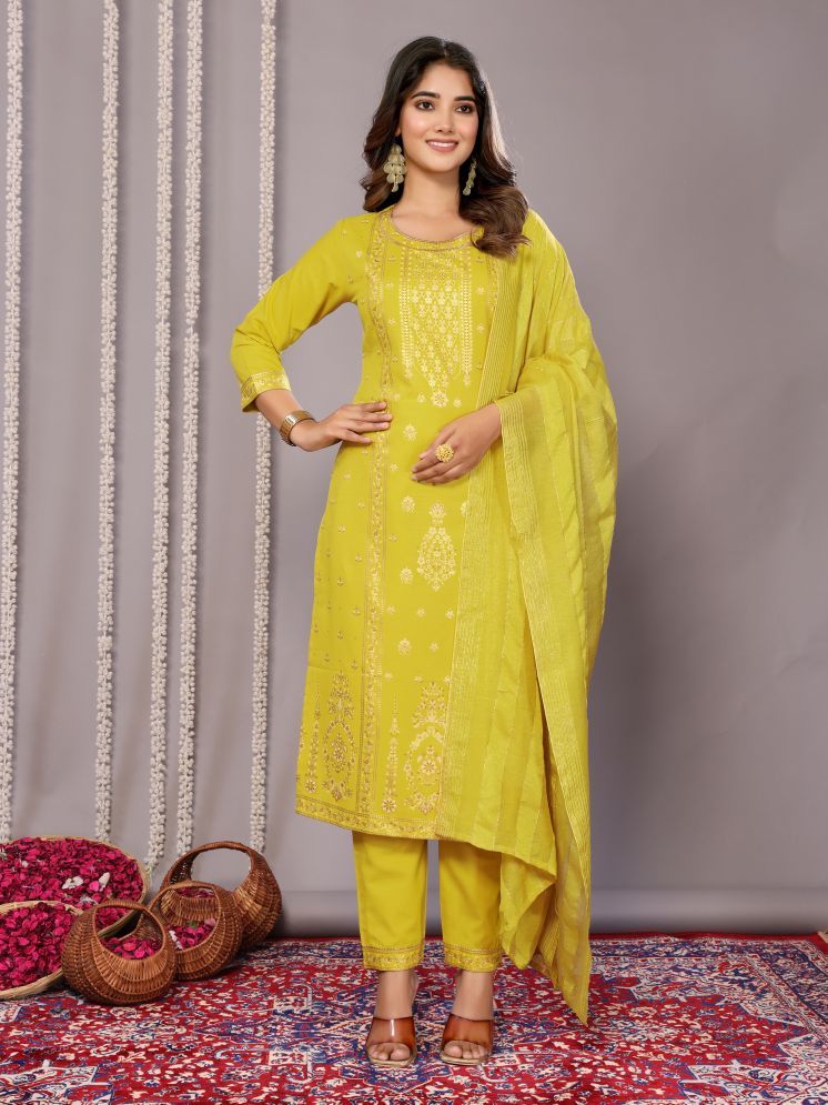     			Royal Export Cotton Blend Printed Kurti With Pants Women's Stitched Salwar Suit - Yellow ( Pack of 1 )