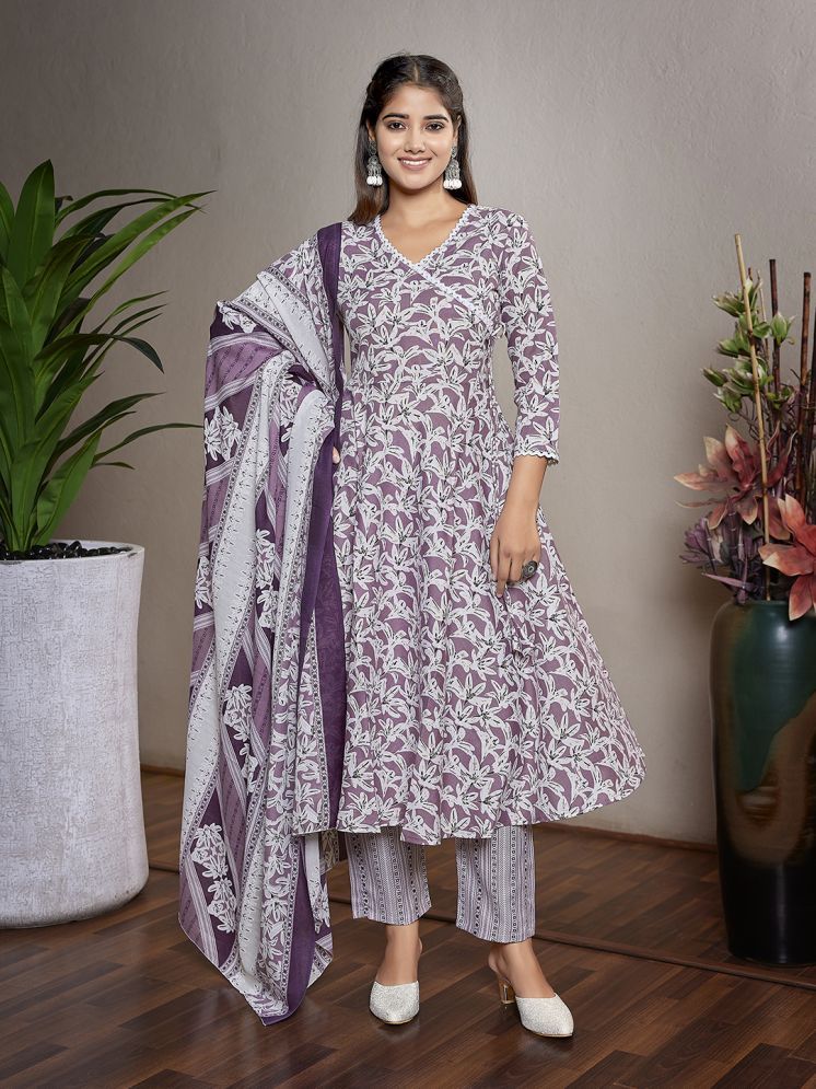     			Royal Export Cotton Blend Printed Kurti With Pants Women's Stitched Salwar Suit - Purple ( Pack of 1 )