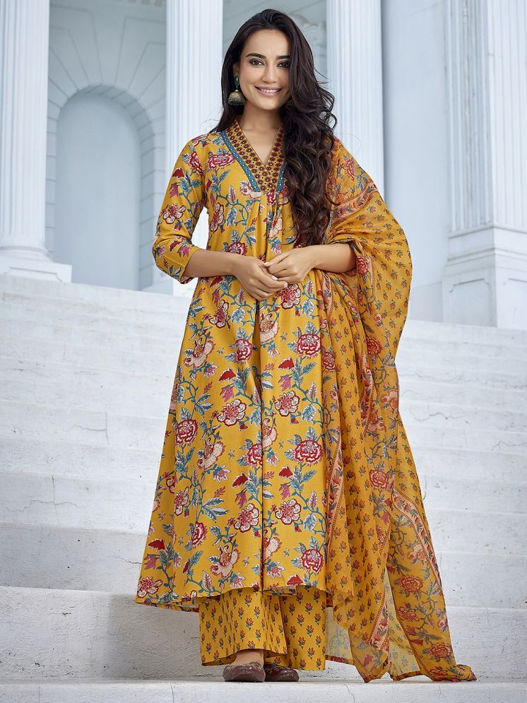     			Royal Export Viscose Printed Kurti With Palazzo Women's Stitched Salwar Suit - Yellow ( Pack of 1 )