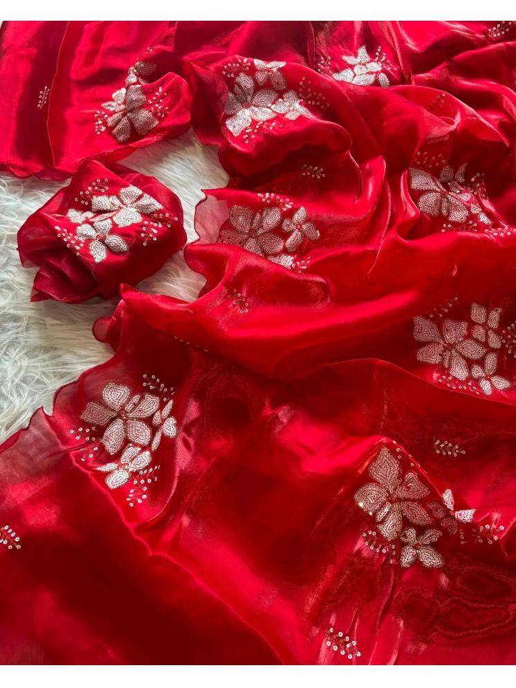     			A TO Z CART Pack of 1 Organza Embellished Saree With Blouse Piece ( Red )