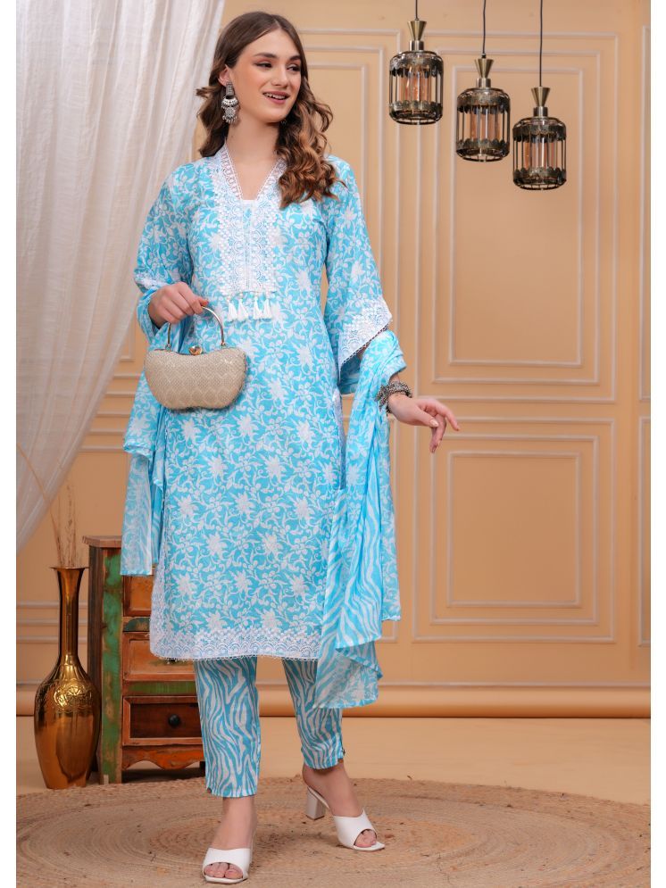     			JC4U Cotton Printed Kurti With Pants Women's Stitched Salwar Suit - Light Blue ( Pack of 1 )