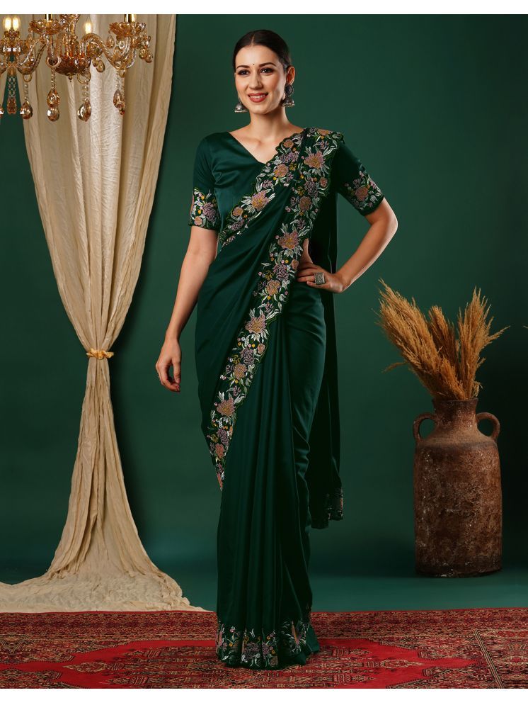     			Samah Pack of 1 Satin Embroidered Saree With Blouse Piece ( Green )