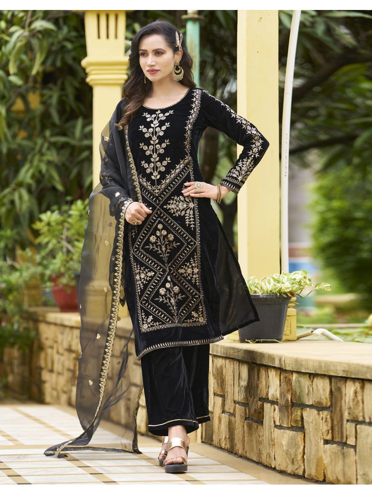     			Skylee Velvet Embellished Kurti With Pants Women's Stitched Salwar Suit - Black ( Pack of 1 )