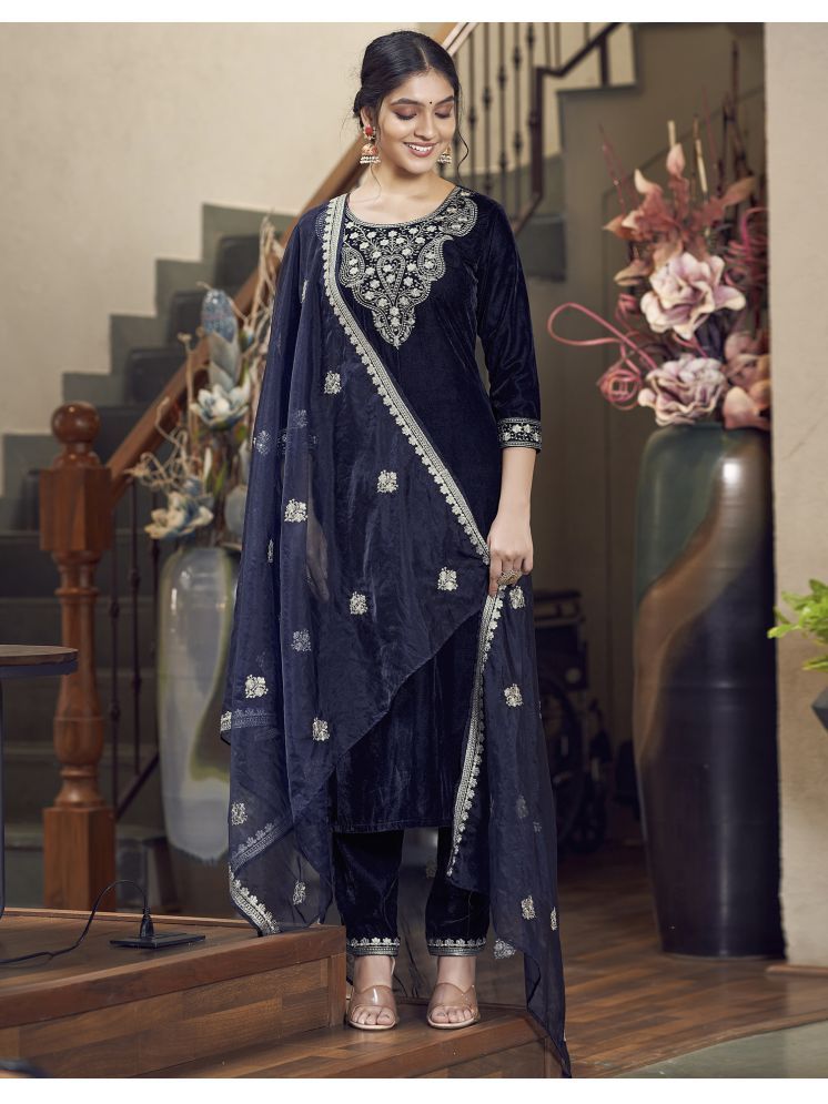     			Skylee Velvet Embroidered Kurti With Pants Women's Stitched Salwar Suit - Navy Blue ( Pack of 1 )