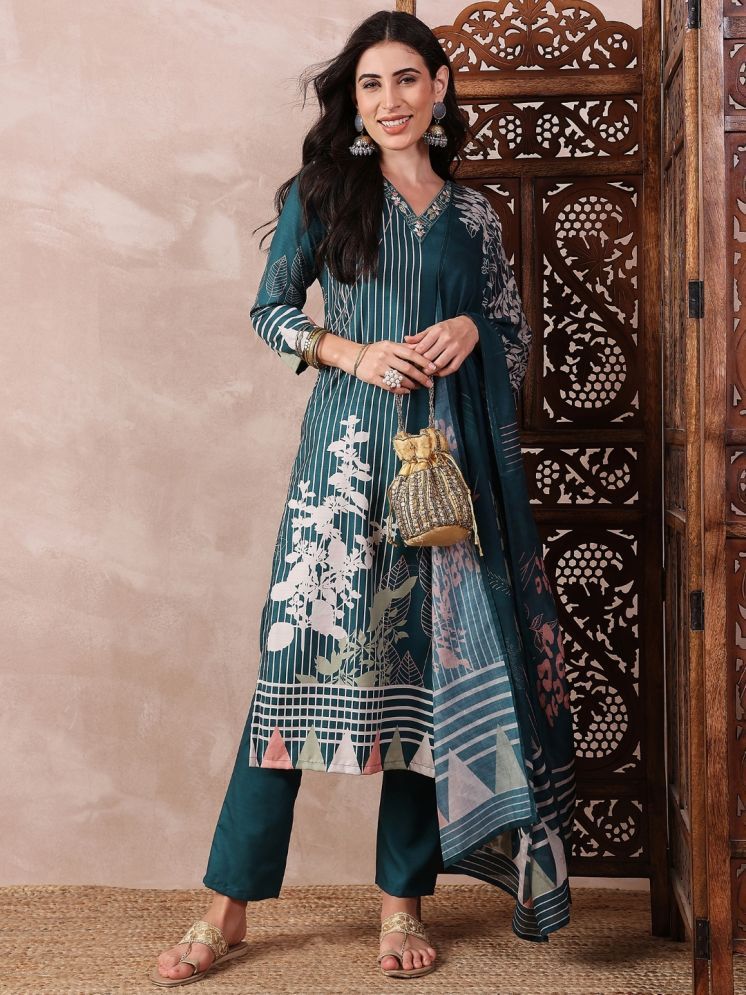     			Vaamsi Silk Blend Printed Kurti With Pants Women's Stitched Salwar Suit - Teal ( Pack of 1 )