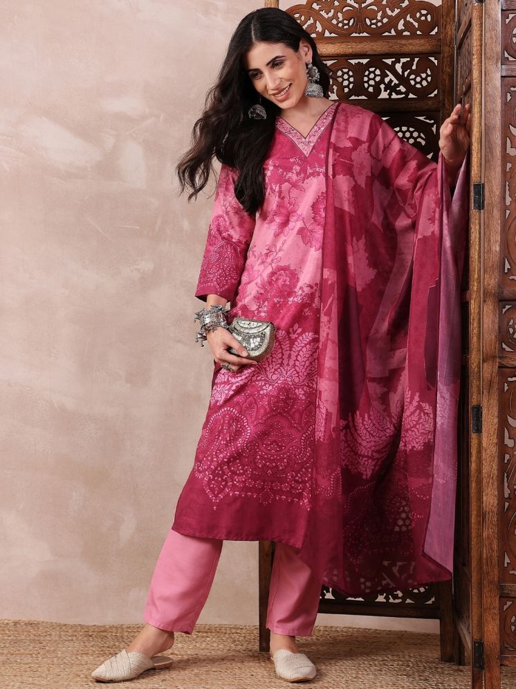     			Vaamsi Silk Blend Printed Kurti With Pants Women's Stitched Salwar Suit - Pink ( Pack of 1 )