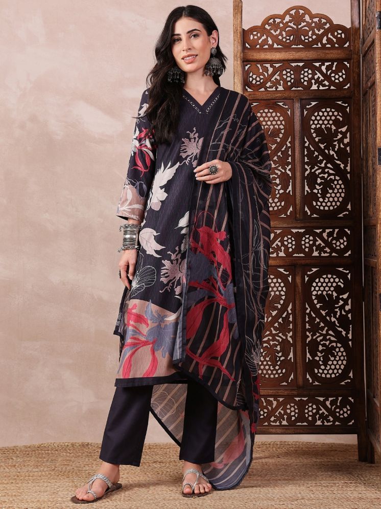     			Vaamsi Silk Blend Printed Kurti With Pants Women's Stitched Salwar Suit - Black ( Pack of 1 )